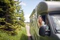 freedom journey travel with off road.Girl on vacation travel RV, holiday trip Royalty Free Stock Photo