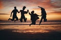 Freedom, jump and silhouette of friends at the beach and travel on brazil vacation for success, happy or motivation