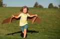 Freedom kids, boy playing to be airplane pilot, funny guy with cardboard wings as an airplane. Royalty Free Stock Photo