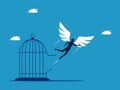 Freedom or leaving the safe zone. man with wings flying out of cage