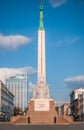 The Freedom Monument in the Riga Old Town, Latvia with military guards