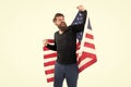 Freedom is nothing but a chance to be free. Happy bearded man holding american flag on independence day. Free expression