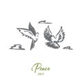 Freedom, peace, couple, flight, birds concept. Hand drawn isolated vector. Royalty Free Stock Photo