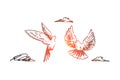 Freedom, peace, couple, flight, birds concept. Hand drawn isolated vector. Royalty Free Stock Photo