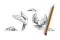 Freedom, peace, couple, flight, birds concept. Hand drawn isolated vector. Royalty Free Stock Photo