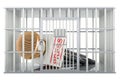 Freedom of the press prohibition, concept. Microphone press inside cage, prison cell. 3D rendering Royalty Free Stock Photo