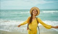 freedom satisfied woman enjoying sea beach getaway vacation, feeling good Royalty Free Stock Photo