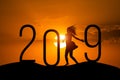 Freedom Silhouette woman and 2019 .Concept of a new year.