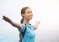 Freedom, smile and running with sports woman outdoor in mountains for morning cardio training. Exercise, fitness and Royalty Free Stock Photo