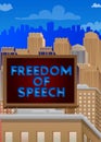 Freedom of Speech text on a billboard sign atop a building.