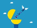 Freedom to find business knowledge. Businessman team leader flutters freely with wings out of a light bulb