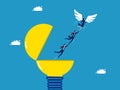 Freedom to find business knowledge. Business team flying freely with wings out of light bulbs