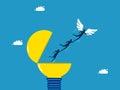 Freedom to find business knowledge. Business team flying freely with wings out of light bulbs