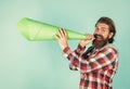 Freedom in veins. Make it heard. oratory and rhetoric. mature crazy mad man pose with megaphone. announcement concept