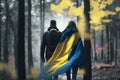 Freedom in the Woods: Ukrainian Couple with Flag Walking Hand in Hand