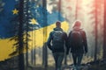 Freedom in the Woods: Ukrainian Couple with Flag Walking Hand in Hand