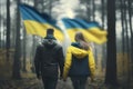 Freedom in the Woods: Ukrainian Couple with Flag Walking Hand in Hand