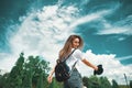 Freedom young woman carefree with open arms to blue sky Royalty Free Stock Photo