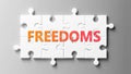 Freedoms complex like a puzzle - pictured as word Freedoms on a puzzle pieces to show that Freedoms can be difficult and needs