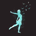 Freedon concept. Watercolor dancing silhouette of girl with birds