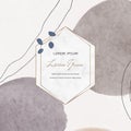 Freehand banner with hand drawing watercolor brush stroke shapes and geometric marble frames with leaves. Modern neutral design fo