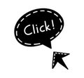 Doodle click button. Mouse cursor with text for website or computer application, hand drawn vector arrow pointer Royalty Free Stock Photo