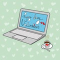 Freehand Doodle Vector Greeting Card Happy Valentine`s Day Lettering. Modern Open Laptop Blue Screen. Cup of Coffee Royalty Free Stock Photo