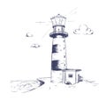 Freehand drawing of beautiful seaside landscape with lighthouse standing on rock cliff or seashore with sea and cloudy Royalty Free Stock Photo