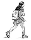 Sketch of casual student girl with backpack walking outdoors Royalty Free Stock Photo