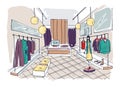 Freehand drawing of clothing boutique interior with hanging racks, furnishings, mannequin dressed in stylish clothes