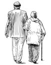 Freehand drawing of couple old people walking for a stroll together