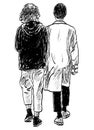 Freehand drawing of couple young people walking along street together Royalty Free Stock Photo