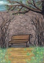 Freehand drawing with dry pastel on paper - view of a park with a bench near a stone wall in early spring Royalty Free Stock Photo