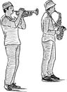 Freehand drawing of duet young street musicians playing on saxophone and trumpet