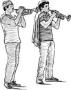 Freehand drawing of a duet of young trumpeters playing outdoors