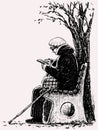 Freehand drawing of elderly woman with walking cane sitting on park bench and looking at smartphone Royalty Free Stock Photo