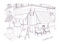 Freehand drawing of european sidewalk cafe or restaurant with table and chairs standing on city street beside building