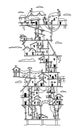 Freehand drawing fantasy multilevel bungalow. Multi-storey wooden, house sketch. Exterior cartoon holiday resort. Print