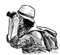 Sketch of tourist photographer takes picture on camera