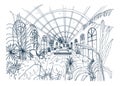 Freehand drawing of interior of greenhouse full of tropical plants. Monochrome sketch of glasshouse with exotic trees