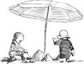 Freehand drawing of little children sitting and playing under beach umbrella by seashore