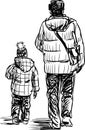 Freehand drawing of a man with his little child walking together for a stroll