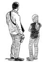 Freehand drawing of a man with his teen daughter standing in waiting outdoor