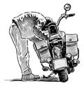 Freehand drawing of a man leaning over his motorcycle