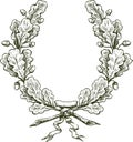 Freehand drawing of oak branches triumphal wreath with ribbon Royalty Free Stock Photo