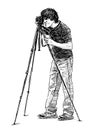 Sketch of photographer with tripod taking picture outdoors