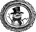 Freehand drawing of portrait cheerful snowman in decorative oval picture frame