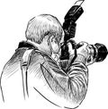 Freehand drawing of professional  fotographer in mask at a work Royalty Free Stock Photo