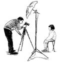 Freehand drawing of a professional photographer photographing little girl in his studio