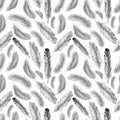 Freehand drawing quill of fethers birds. Tribal seamless pattern. Isolated on white background in graphic style.